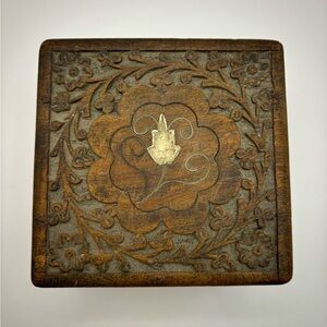 Vintage Wood Hand Carved Inlay India Sheesham Trinket Jewelry Hinged Box Small